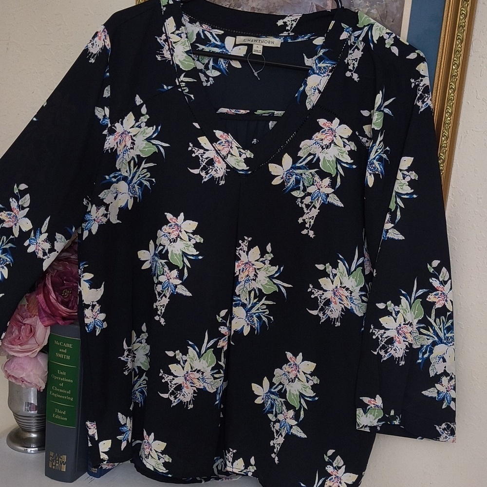 Floral V-Neck Flowy Blouse Size Large Career Office Business Casual - Picture 3 of 8